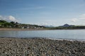 Criccieth beach and bay Wales UK coast town in summer with blue sky on a beautiful day