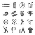 Cricket, ball, bat bold black silhouette and line icons set isolated on white.