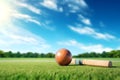 Cricket ball and bat on green grass with blue sky background - Ai Generated Royalty Free Stock Photo