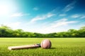 Cricket ball and bat on green grass with blue sky background - Ai Generated