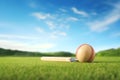 Cricket ball and bat on green grass with blue sky background - Ai Generated Royalty Free Stock Photo