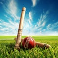 Cricket ball and bat on green grass with blue sky background - Ai Generated Royalty Free Stock Photo