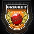 Cricket ball in center of golden wreath on the shield. Sport logo for any team
