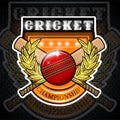 Cricket ball with crossed clubs in center of golden wreath on the shield. Sport logo for any team Royalty Free Stock Photo