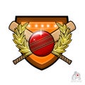 Cricket ball with crossed clubs in center of golden wreath on the shield. Sport logo for any team or championship on white