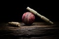 Cricket ball and wickets still life close-up on a highly texture wooden surface.