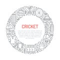 Cricket banner with line icons of ball, bat, field, wicket, helmet, apparel and other equipment. Vector circle Royalty Free Stock Photo