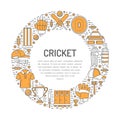 Cricket banner with line icons of ball, bat, field, wicket, helmet, apparel and other equipment. Vector circle Royalty Free Stock Photo