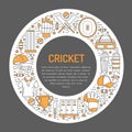 Cricket banner with line icons of ball, bat, field, wicket, helmet, apparel and other equipment. Vector circle Royalty Free Stock Photo