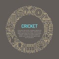 Cricket banner with line icons of ball, bat, field, wicket, helmet, apparel and other equipment. Vector circle Royalty Free Stock Photo