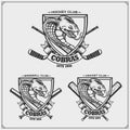 Cricket, baseball and hockey logos and labels. Sport club emblems with king cobra. Print design for t-shirt.