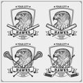 Cricket, baseball, lacrosse and hockey logos and labels. Sport club emblems with hawk.