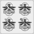 Cricket, baseball, lacrosse and hockey logos and labels. Sport club emblems with hornet. Print design for t-shirt.