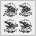 Cricket, baseball, lacrosse and hockey logos and labels. Sport club emblems with king crocodile. Royalty Free Stock Photo