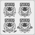 Cricket, baseball, lacrosse and hockey logos and labels. Sport club emblems with spider. Print design for t-shirt.