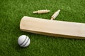 Cricket bat ball stumps and bails placed on green grass cricket pitch background Royalty Free Stock Photo