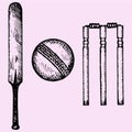 Cricket bat, ball, wicket