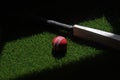 Cricket bat and red ball on green grass. Horizontal sport theme poster, greeting cards, headers, website and app Royalty Free Stock Photo