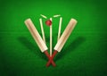 Cricket bat, stumps, bails, red ball and white ball isolated on green grass background, wooden cricket bat