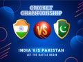 Cricket Championship concept with cricket ball and participate team flag shield of India VS Pakistan. Can be used as banner or Royalty Free Stock Photo