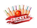 Cricket championship concept with mutliple bats, ball on grungy