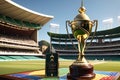 Cricket Championship Trophy Gleaming in the Foreground: Intricate Engravings Detailing its Illustrious History Royalty Free Stock Photo