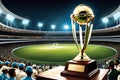 Cricket Championship Trophy Glistening Under Stadium Lights: Foreground with Detailed Engravings Worthy of Glory