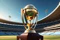 Cricket Championship Trophy Positioned Prominently in the Foreground: World Cup Inscription Gleaming