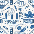 Cricket club seamless pattern or background. Vector. Seamless sport pattern with cricket ball, wicket, bail and helmet