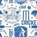 Cricket club seamless pattern or background. Vector. Seamless sport pattern with cricket ball, wicket, bail and helmet