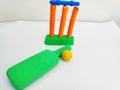 Cricket equipment bat ball and wicket Royalty Free Stock Photo