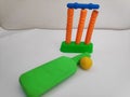 Cricket equipment bat ball and wicket Royalty Free Stock Photo