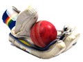 Cricket glove holding red ball Royalty Free Stock Photo