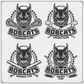 Cricket, lacrosse, baseball and hockey logos and labels. Sport club emblems with bobcat. Print design for t-shirt.