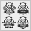 Cricket, lacrosse, baseball and hockey logos and labels. Sport club emblems with cougars. Print design for t-shirt. Royalty Free Stock Photo