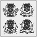 Cricket, lacrosse, baseball and hockey logos and labels. Sport club emblems with panther. Print design for t-shirt.