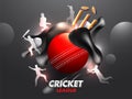 Cricket League banner or poster design with cricket ball, wicket stumps and silhouette of players in different poses on fluid art