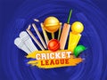 Cricket League Banner or poster design with cricket equipment and winning trophy.
