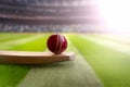 Cricket leather ball resting on bat on the stadium pitch