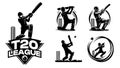 Black and white cricket logo designs featuring stylized silhouettes of cricketers - AI Generated Royalty Free Stock Photo