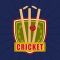 Cricket match objects with winning shield. Royalty Free Stock Photo