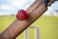 Cricket player batsman hitting ball with stumps on cricket pitch Royalty Free Stock Photo