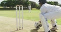 Cricket player catching the ball and destroying the stamps