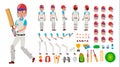 Cricket Player Male Vector. Sport Cricket Player Man. Cricketer Animated Character Creation Set. Full Length, Front