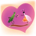 Cricket and queen ant on a heart shape background