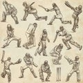Cricket sport collection. Cricketers. Full sized hand drawings o Royalty Free Stock Photo