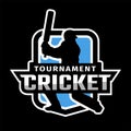 Cricket sport logo with player silhouette on a dark background. Vector illustration.