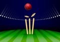 Cricket sport stadium background with wickets and red ball, sports backdrop Royalty Free Stock Photo