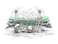 Cricket stadium view with illustration of cricket helmet, ball and stumps. Royalty Free Stock Photo