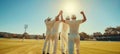 Cricket team spirit intimate huddles, high fives, victory celebrations, with copy space. Royalty Free Stock Photo